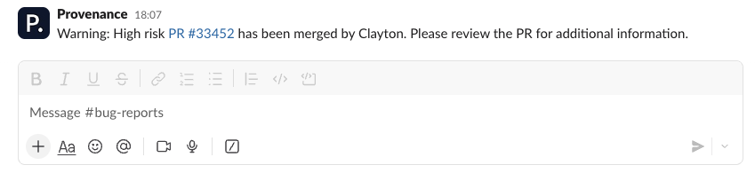 Slack alert notifying support and on-call teams after a high-risk code merge.